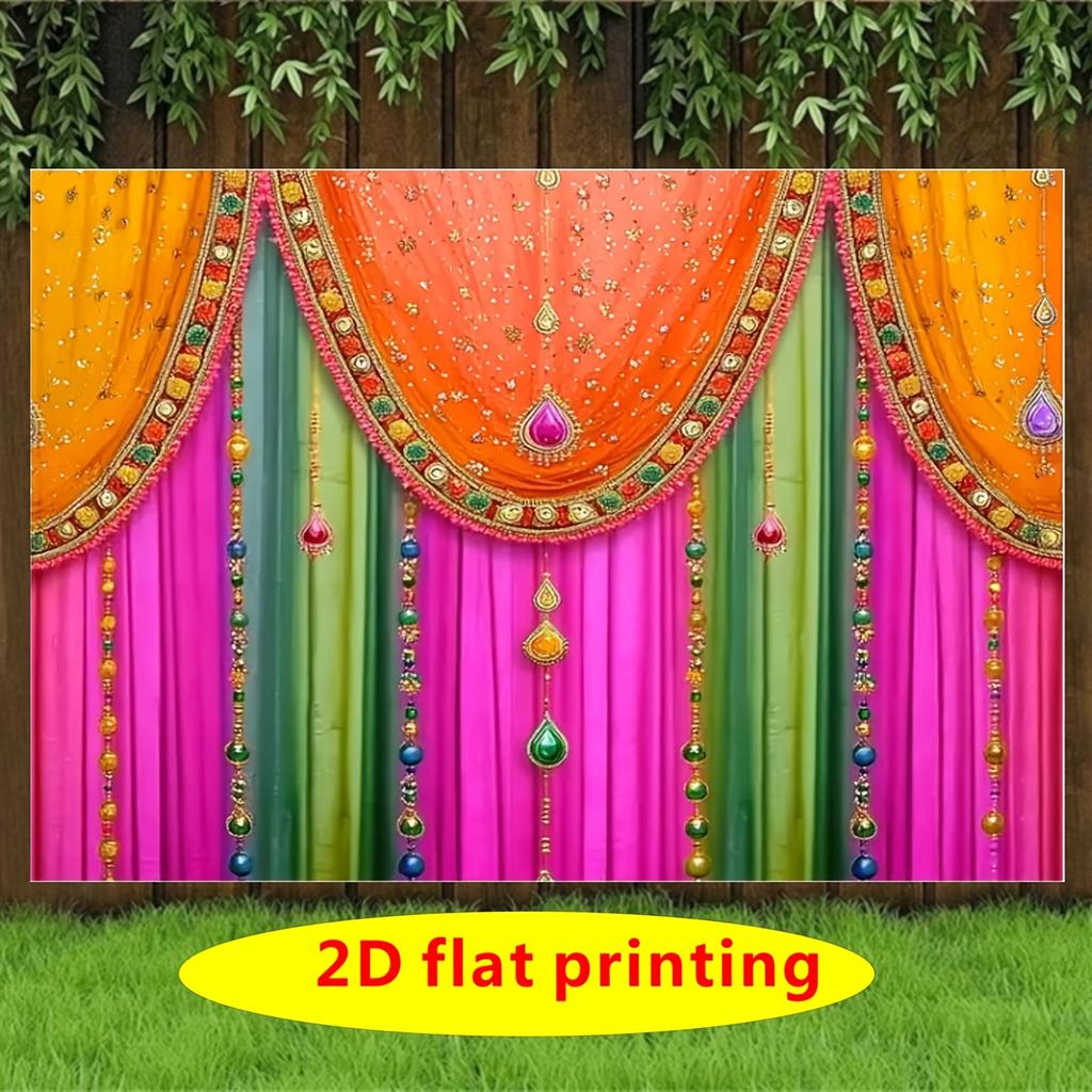 2D flat banner 1pc with an energetic Indian traditional theme background featuring colorful pink orange and green curtains