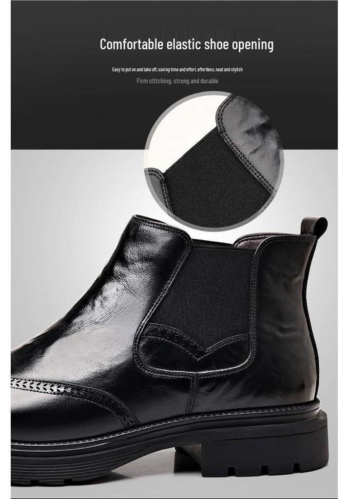 Men's Genuine Leather Chelsea Boots, Versatile Velvet-Lined Mid-Calf, Breathable, Trendy Snow & Martin Boots