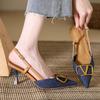 Högklackar 2025 nya grunda mun spetsig tå smal klack dam denim högklackade sandaler sommar väska huvud