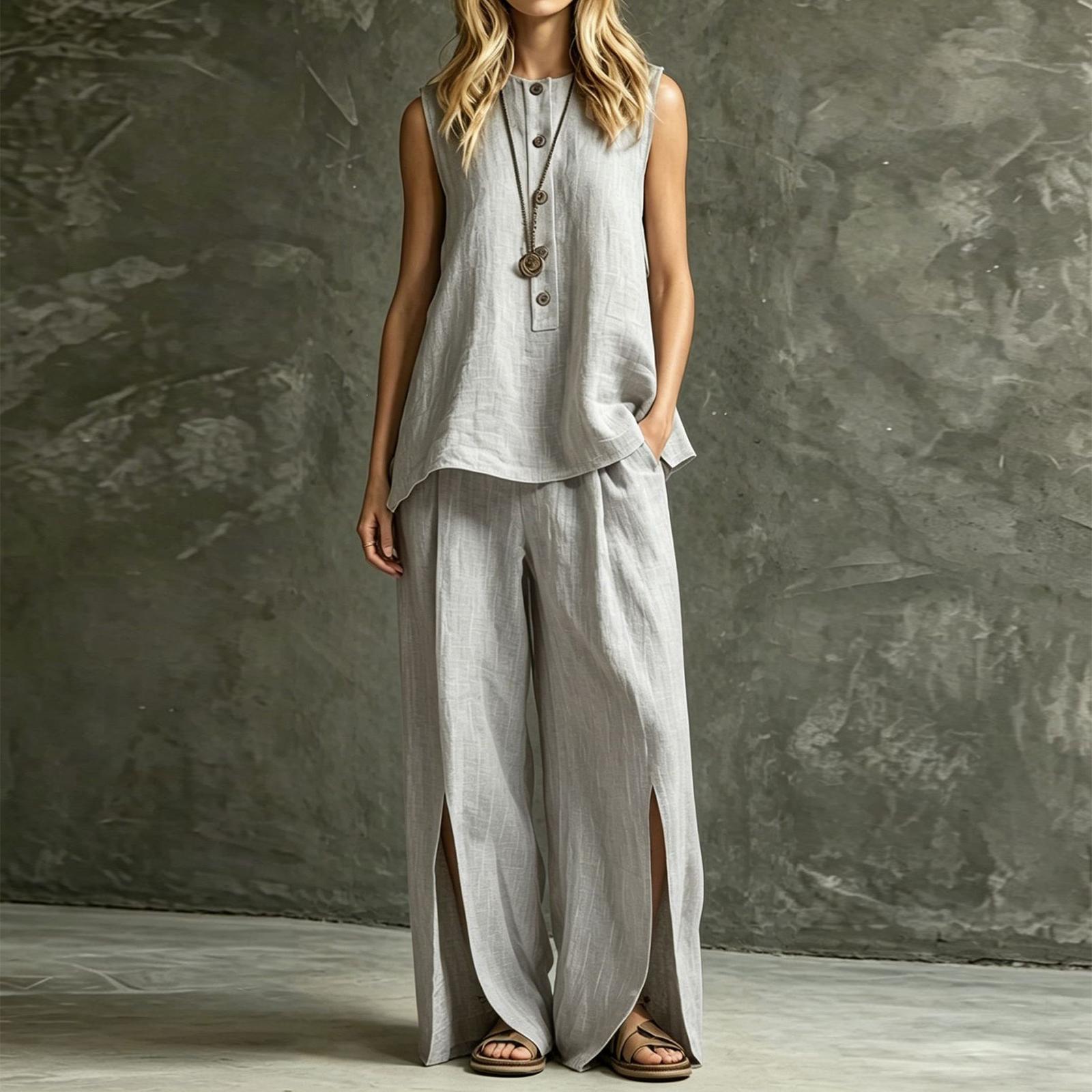 

Women s Sleeveless Shirt and Wide Leg Pants Two Piece Set Loose Fit Casual Outfit Lightweight Fabric Comfortable Design XL