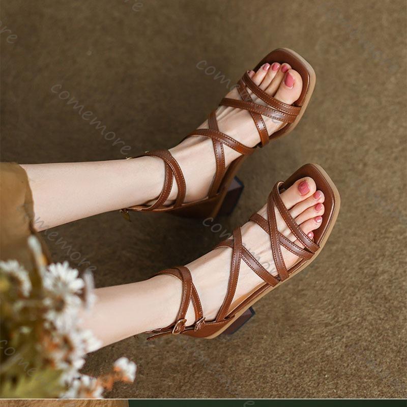 Comemore Strappy Roman Sandals Women New Brown Retro Chunky High Heel Square Head Shoes for Women Back Zip Heeled Sandal