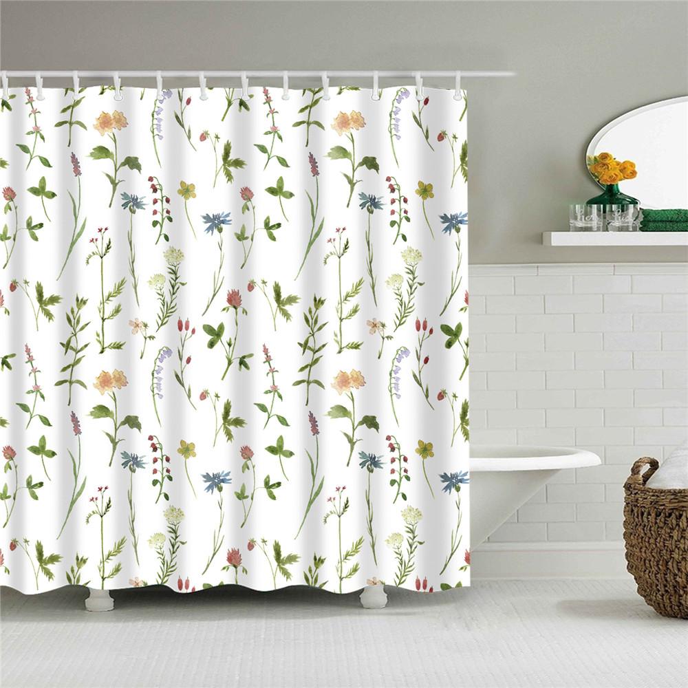Plant Stripes Shower Curtain Bathroom Waterproof Polyester Shower Curtains for Bathroom Flower Print Bath Curtain with Hooks
