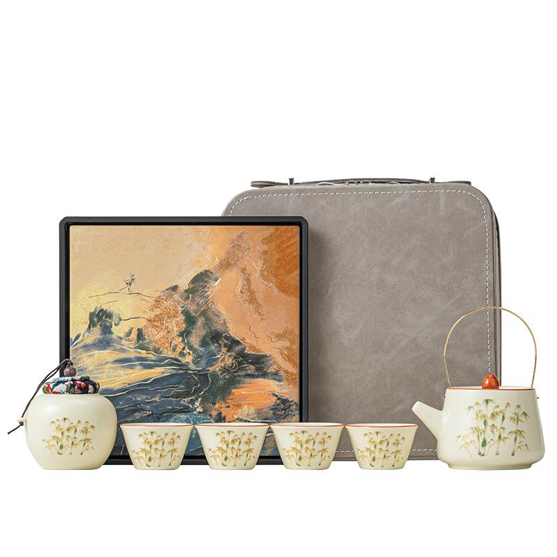 Jinsi Bamboo Ru Kiln Camping Kung Fu Tea Set Small Set Storage Bag Anti-scalding Ceramic Teacup Portable Tea Set