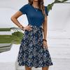 Women's Fashionable Retro Patterned Printing Color Blocked Belt Casual Dress