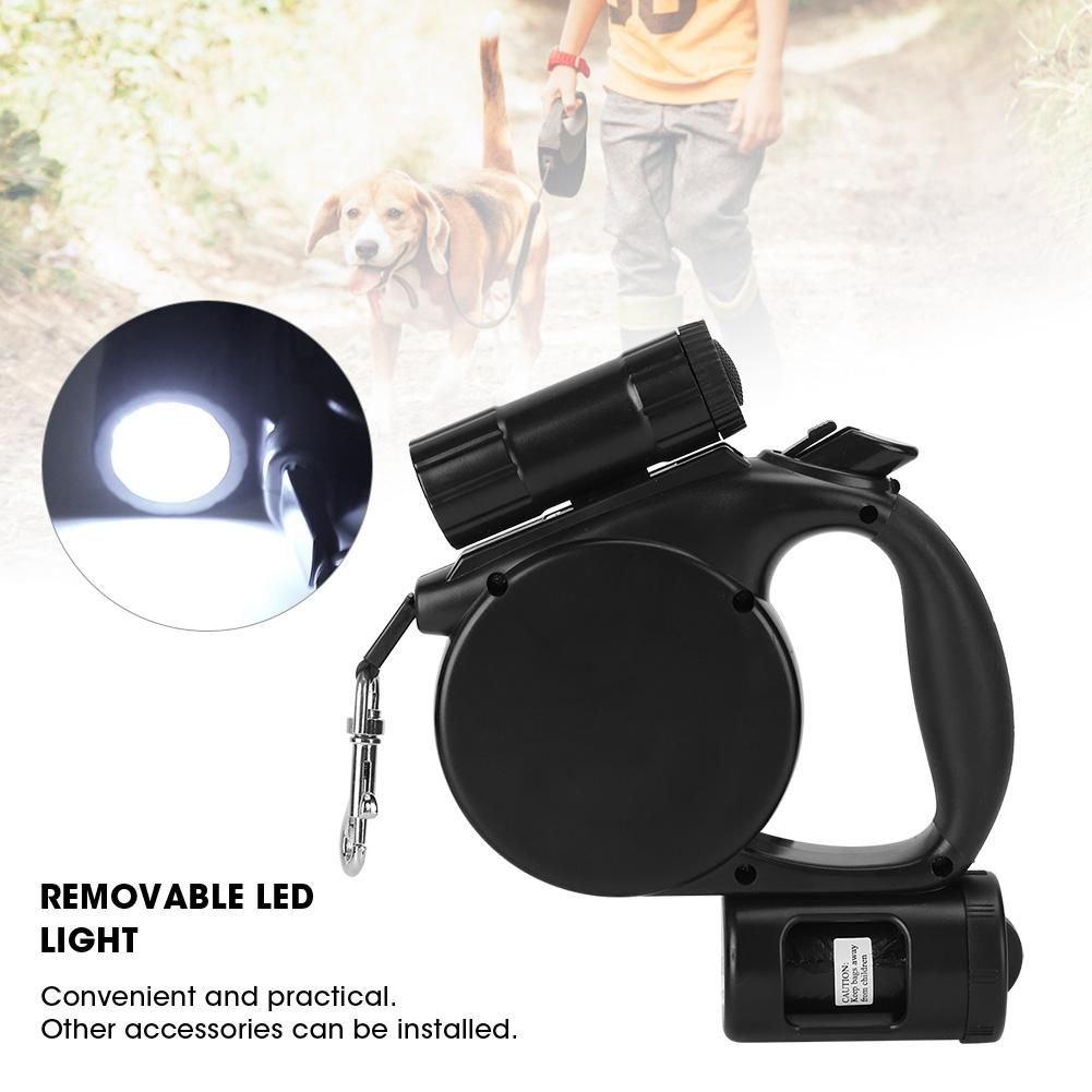 3 in 1 Black Plastic Portable Pet Automatic Retractable Traction Leash Rope with LED Light Garbage Bag for Dogs Cats