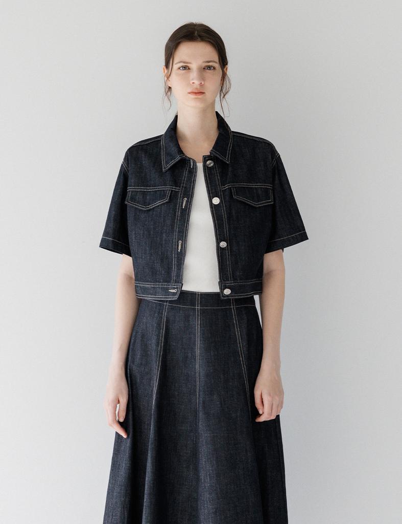 THEELO Denim Cropped Jacket (Dark Blue)