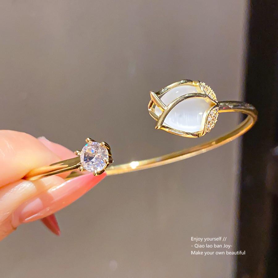 Zircon Cat Eye Flower Open Cuff Bracelet With Stones For Fashion Women