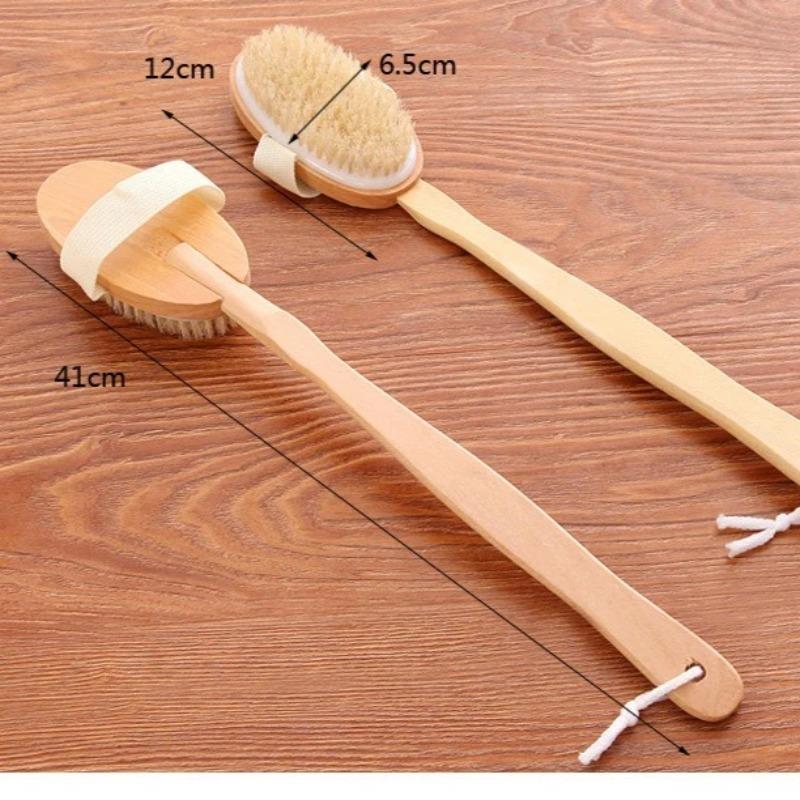Spazzola per doccia con setole naturali e manico lungo in legno staccabile, esfoliante per pelle secca, per massaggio corpo e bagno