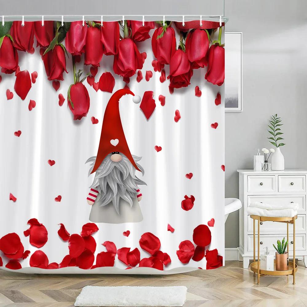 Valentine's Day Shower Curtain Love Tree with Elf Truck Romantic Pink Swing Balloon Love Polyester Printed Fabric Bathroom Decor