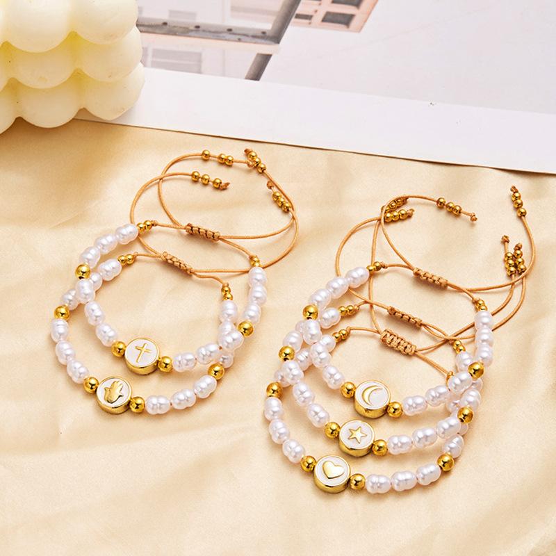 European Trend Faux Pearl Bracelet, Cross Heart Round Beaded Design, Delicate High Texture Handmade Fashion Accessories