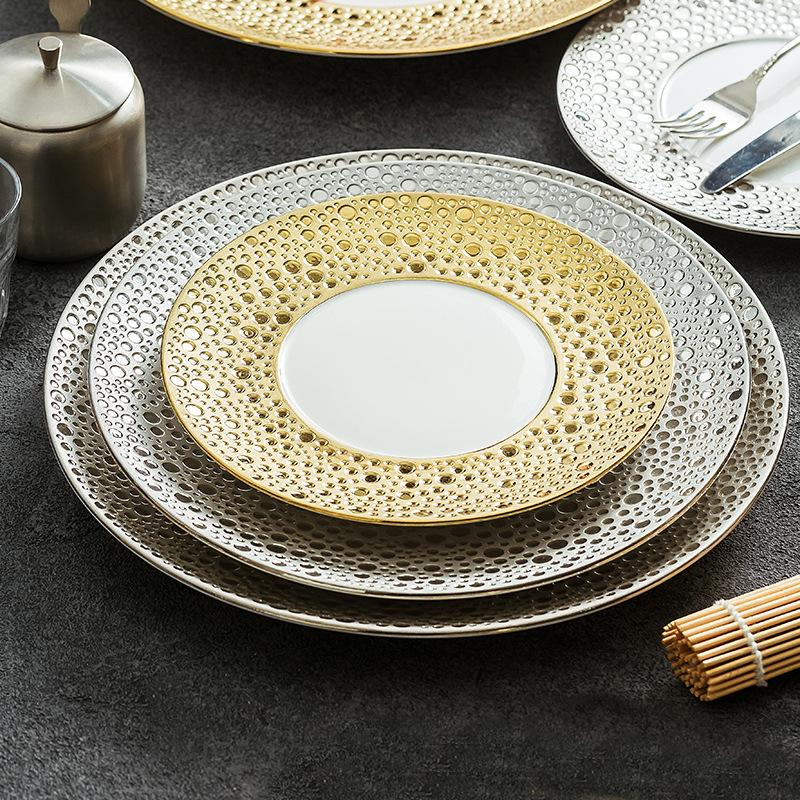 European Style Ceramic Western Steak Plate Golden Silver Pasta Plate Round Home Use Ceramic Fruit Salad Dessert Breakfast Dishes