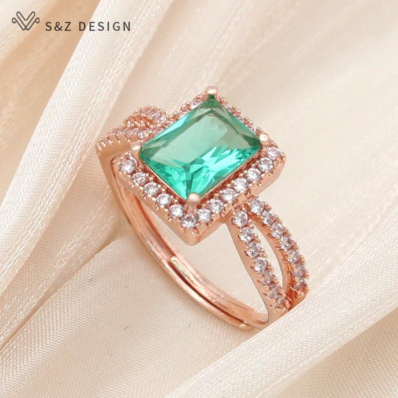Trendy Luxury Rectangle Crystal Resizable Rings For Women Wedding Party Fashion Rose Gold Color Cubic Zirconia Jewelry Gift