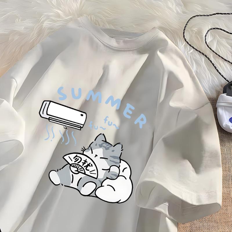 Summer Cat T Shirt for Men Women American Street Creative Funny Air Conditioner Cat T-shirts Cotton O Neck Tee Shirt Streetwear