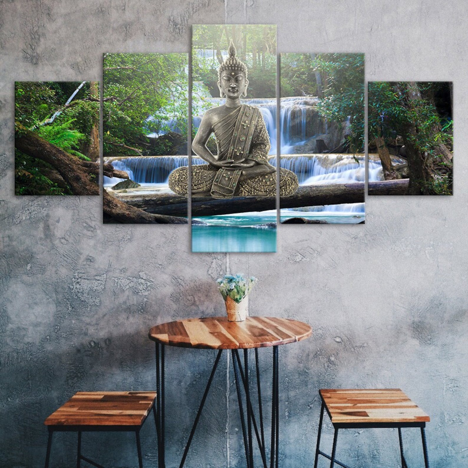 

Buddha Waterfall Scene 5 Piece Five Panel Wall Canvas Print Modern Art Poster Picture Home Decor Gift For Him For Her 20X35 20X45 20X55CM