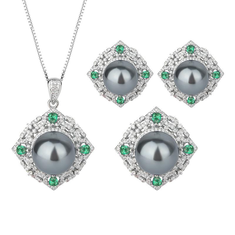 New European and American retro style green gray pearl pendant necklace ring 14mm stud earrings 10mm temperament suit women