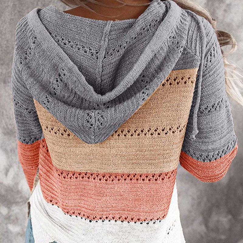 Herbst Winter Patchwork Kapuzenpullover für Damen Langarm V-Ausschnitt Slim Pullover Tops Jumper Übergröße Weibliche Strickpullover