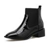 Women Round Toe Block Low Heel Chelsea Boots Black Slip On Patent Leather Ankle Boots Comfortable Non-Slip Shoes