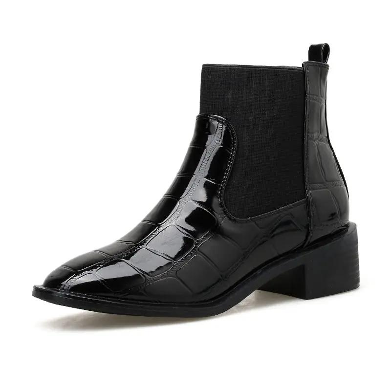 Women Round Toe Block Low Heel Chelsea Boots Black Slip On Patent Leather Ankle Boots Comfortable Non-Slip Shoes