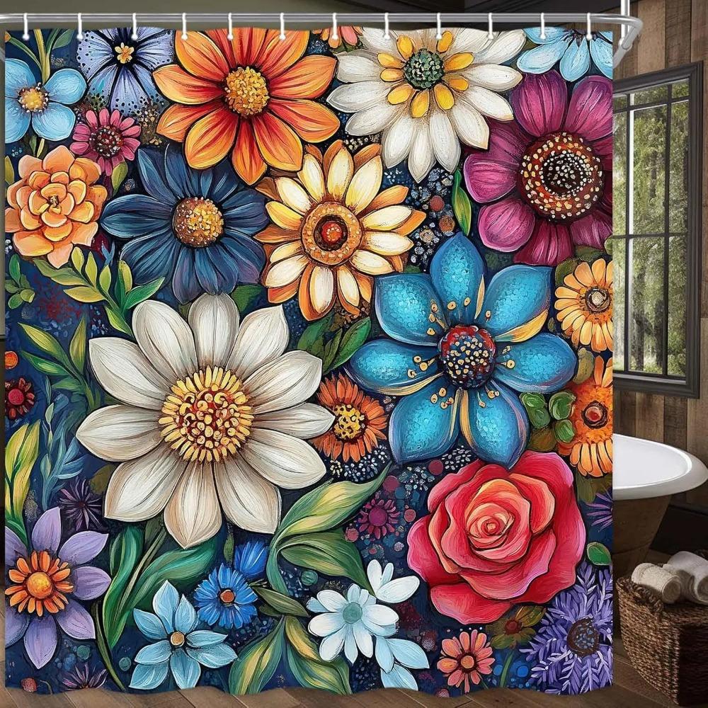 Boho Floral Printed Shower Curtain Watercolor Flower Vintage Plant For Bathroom Decor