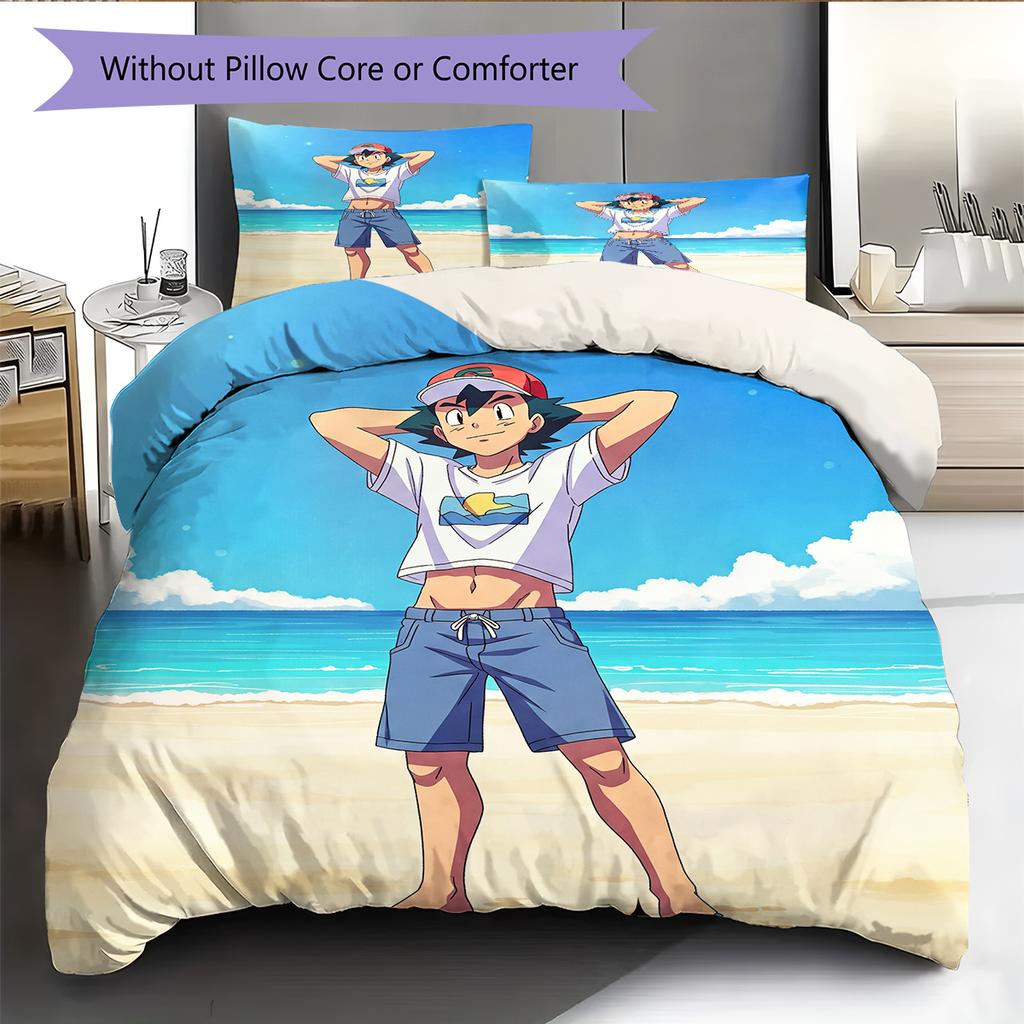 Pokémon Pattern Bedding Home Decoration Birthday Gift (1 * Duvet Cover + 2 * Pillowcase, Without Core)