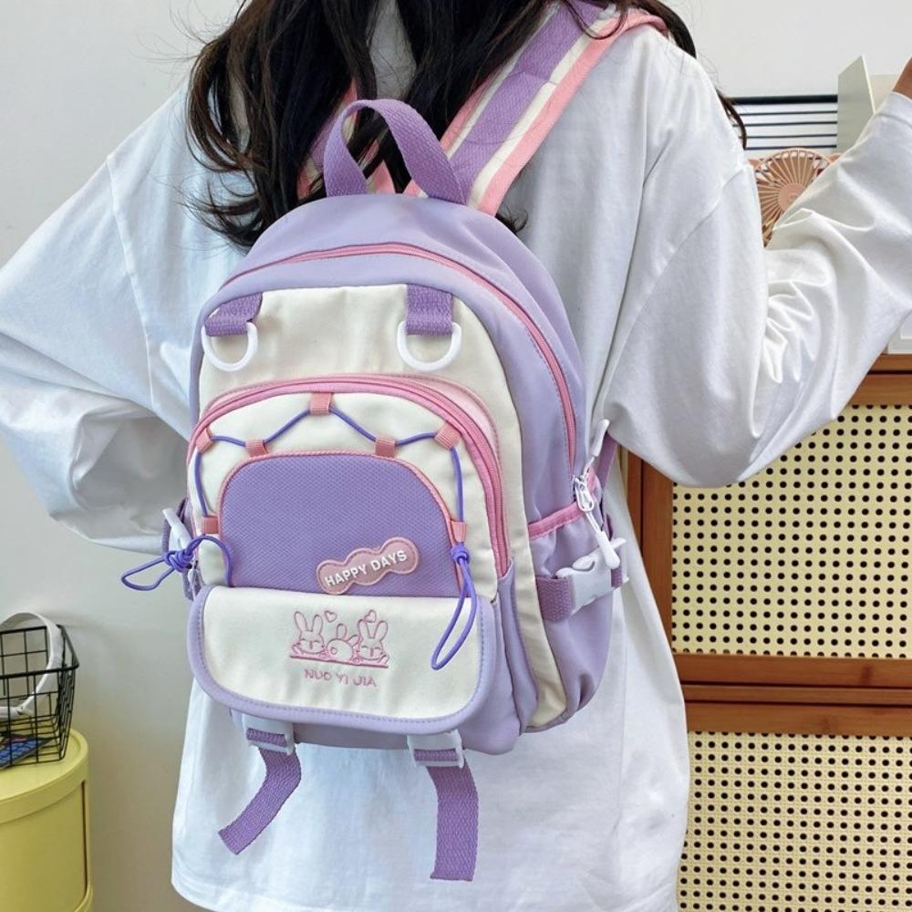 Cute Contrast Color Backpack Large Capacity Wear-resistant Students Schoolbag Nylon Multiple Pockets Travel Rucksack