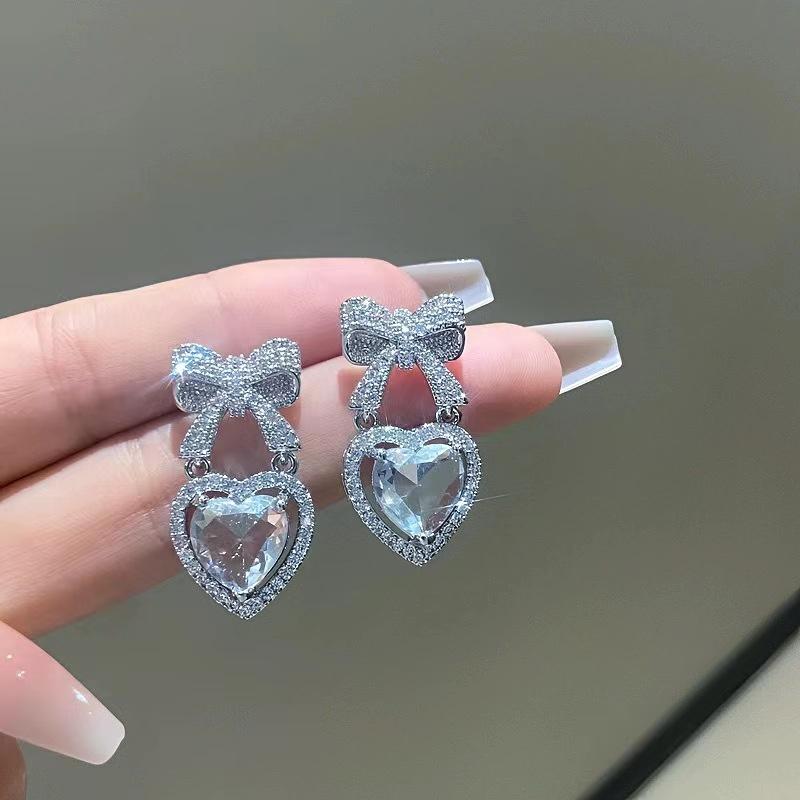 Elegant Rhinestone Bowknot Drop Earrings for Women Light Luxury Pink Heart Crystal Earrings Aesthetic Party Jewelry