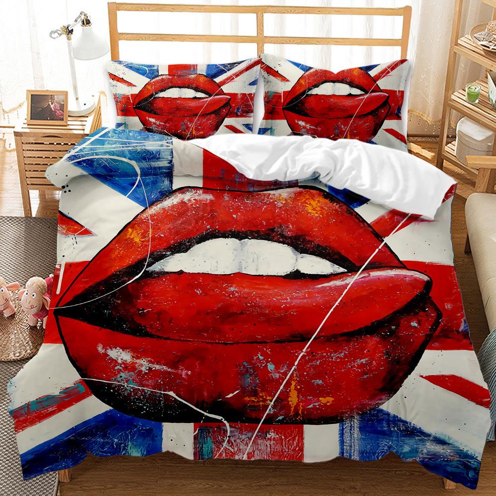 Sexy Lips Three-Piece 3D Digital Printing Ground Red Quilt Cover Bedding Kit