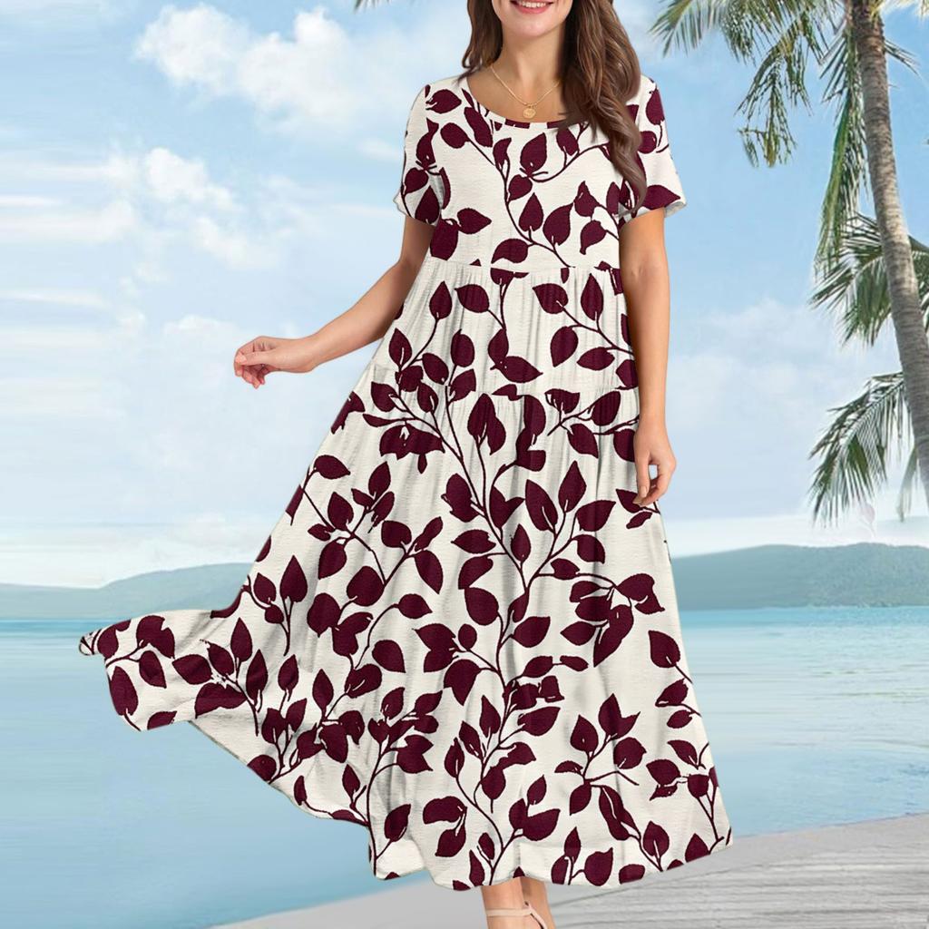 Damen Lässiges Lockeres Böhmisches Kleid mit Blumenmuster und Kurzen Ärmeln