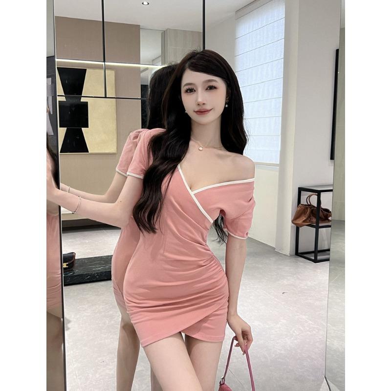 

Sexy Spice Girl Contrasting Color Splicing Short Sleeve Off-Shoulder Low Chest High Elastic Cotton Skinny Hip Wrap Dress Women L рожевий
