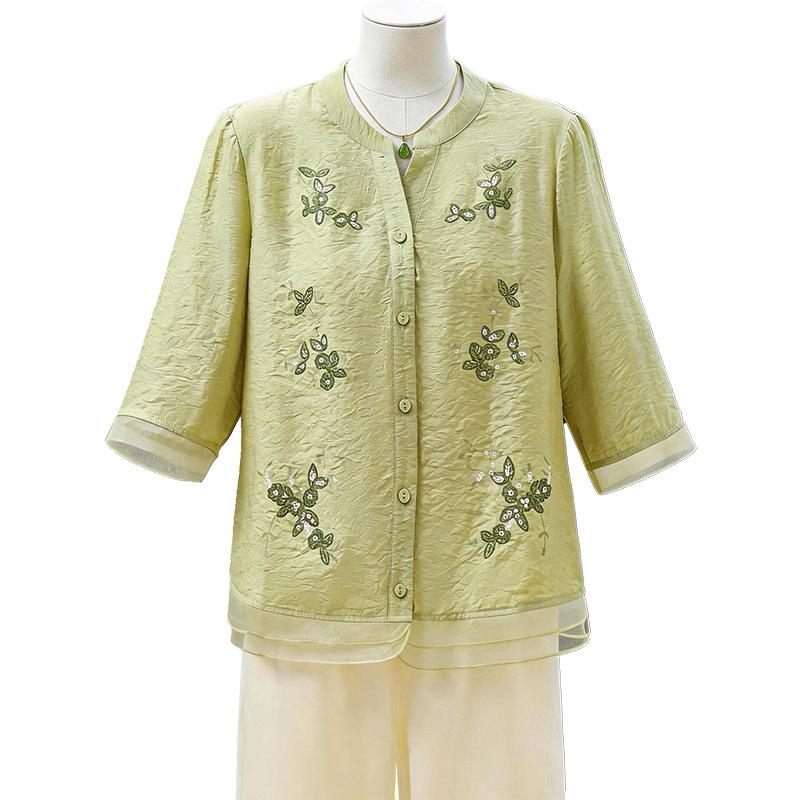 Elegant Summer Cotton-Linen Suit: Short-Sleeved Top for Women in Their Fifties, Chinese Style