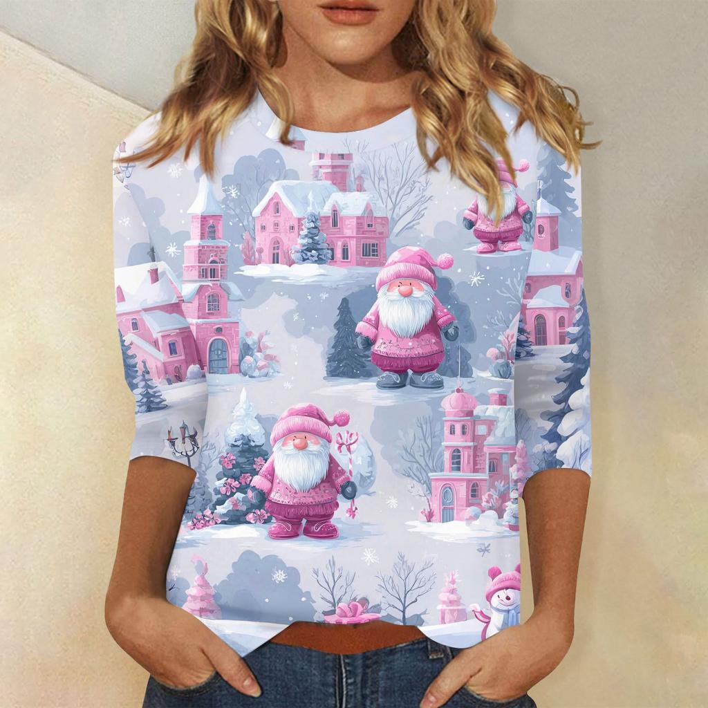 3/4 Sleeve Shirts For Women Print Christmas Tees Blouses Casual Plus Size Basic Tops Pullover
