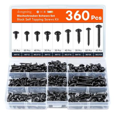 360Pcs Cross with Pad Self-Tapping Screw Set PWA Black Hardened M3-M4.8 Cross with Medium Self-Tapping Box