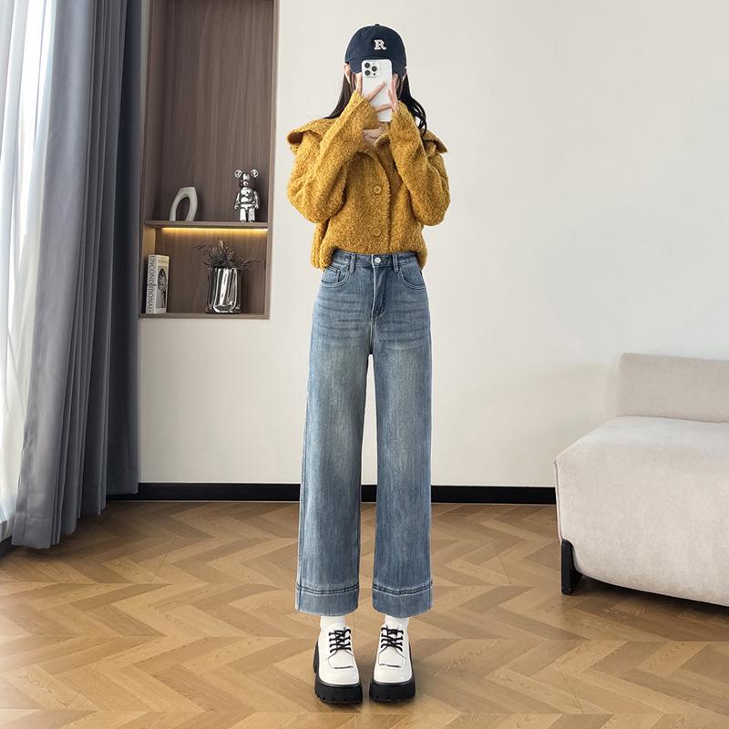 

Women s Retro Blue Velvet High Waist Wide Leg Jeans - Plus Size, Slimming Fit for Pear Shape, Autumn/Winter Straight Leg Style XXL