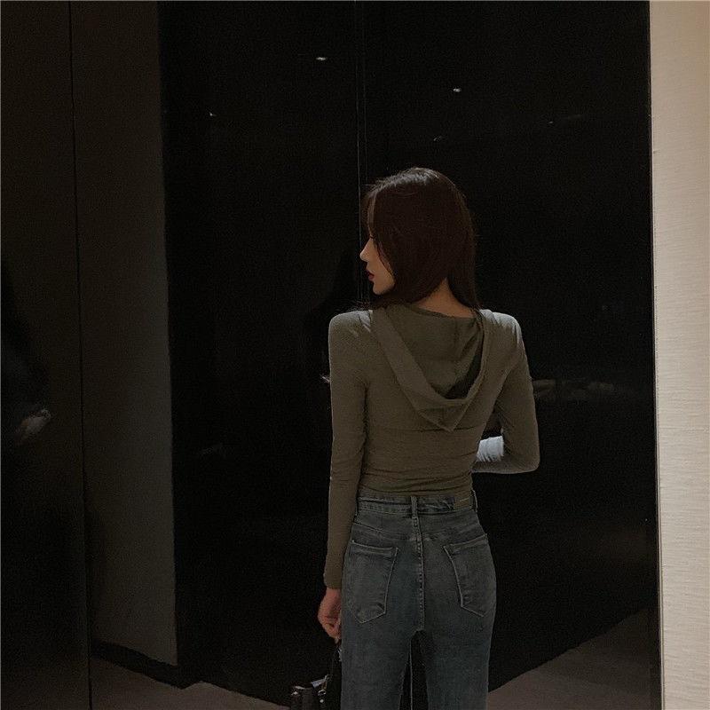 Women's Cropped Hooded Long Sleeve Top Slim Fit Blouse