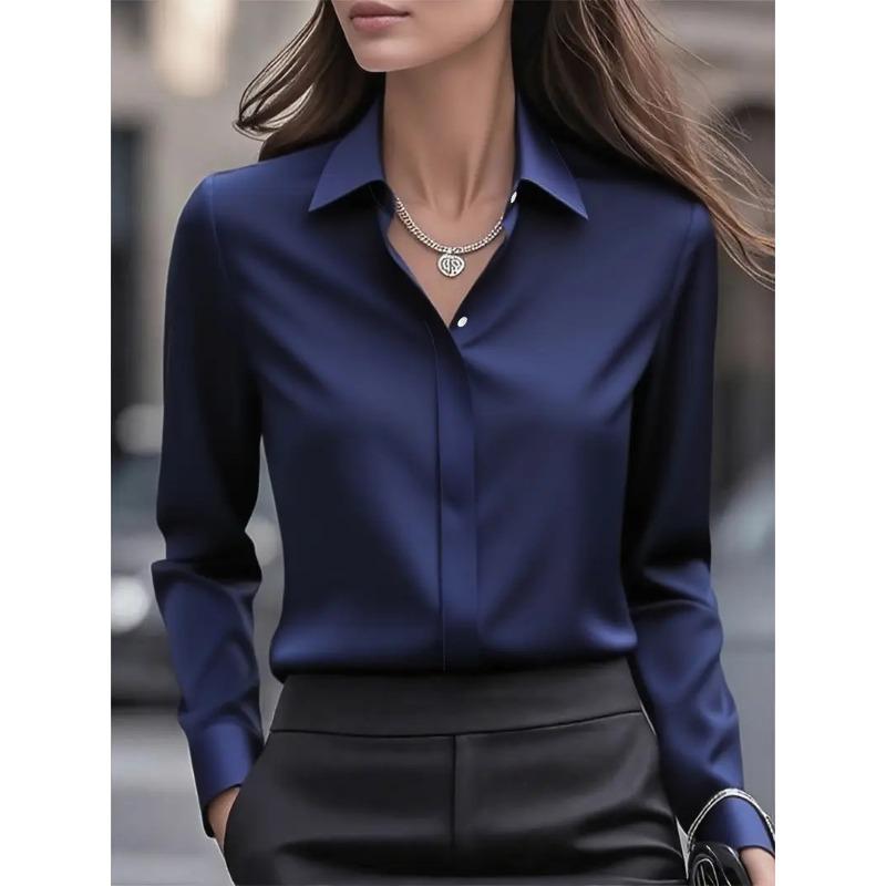 Modische, lässige, einfarbige, langärmlige Blusen und Hemden mit POLO-Ausschnitt für Damen