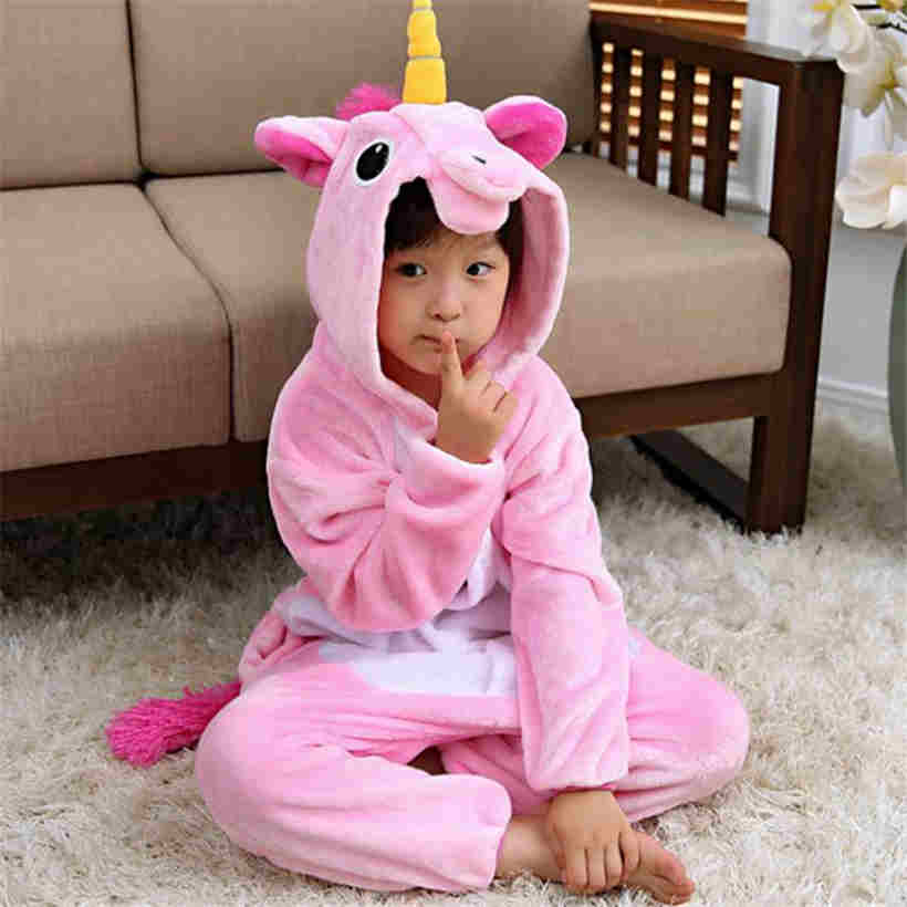 Autumn Winter Cartoon Animal One Piece Children Pajamas Flannel Coral Velvet Seepwear Set