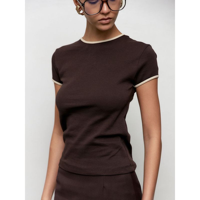 

Women s Short Sports T-shirt round Neck Contrast Color Work Clothing All-Matching Slim Fit Fitness Short-Sleeved Shirt Trendy Autumn 2025 Dark brown L