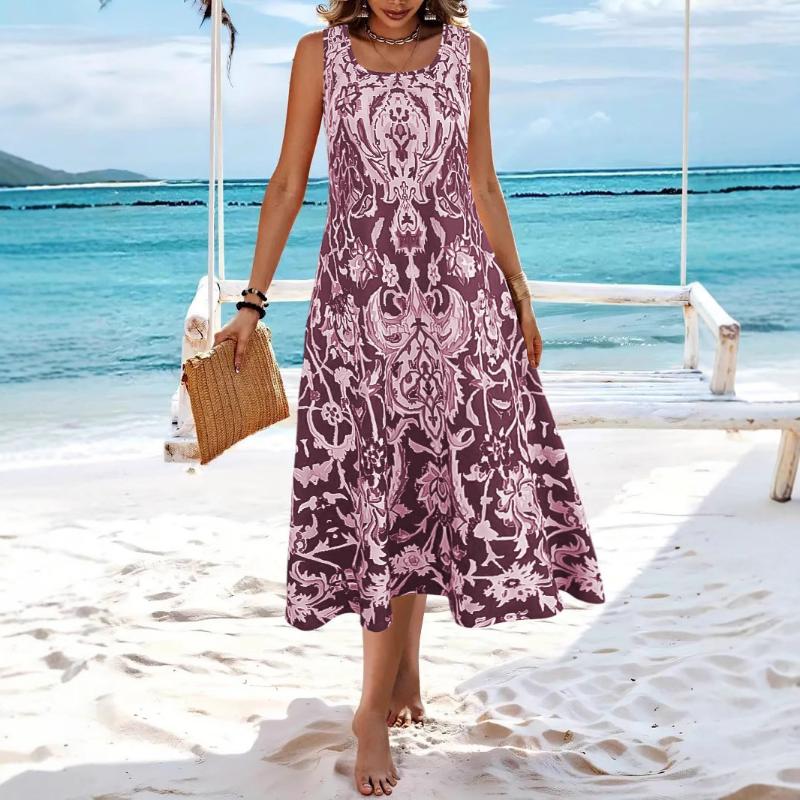 Europe and America summer hot selling Bohemian printed fashion elegant square neckline sleeveless long dress