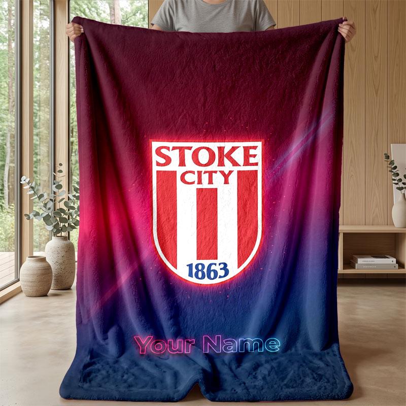 Stoke City FC Custom Name Text Flannel Blanket Soccer Logo Personalized Fleece Throw Blanket Special Gift For Sofa Bedroom Home