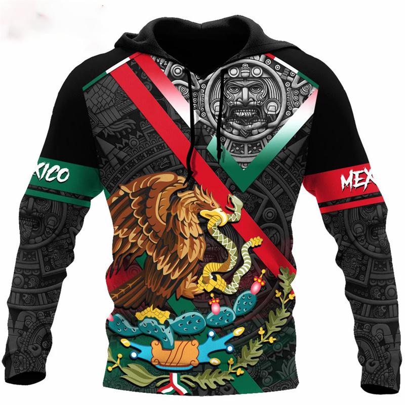 Men's Hoodie New Fashion Mexican Flag Hoodie Men's Top Autumn Fall Long Sleeve Mexican Aztec Sweatshirt Street Wear