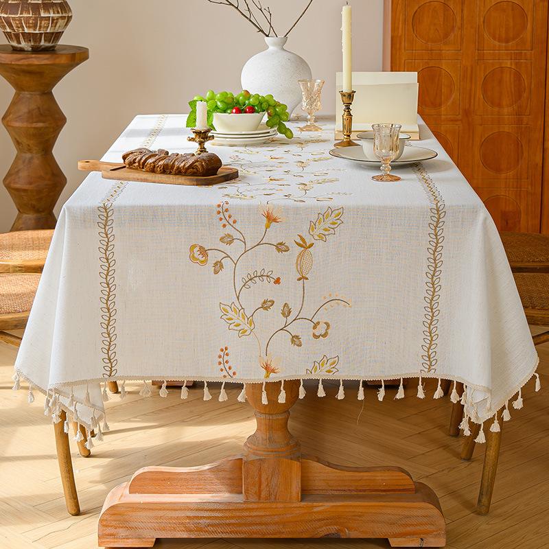 Three-dimensional Embroidery Table Cloth Light Luxury French Retro Rectangular Coffee Table Cloth High-grade Cotton Linen Decor