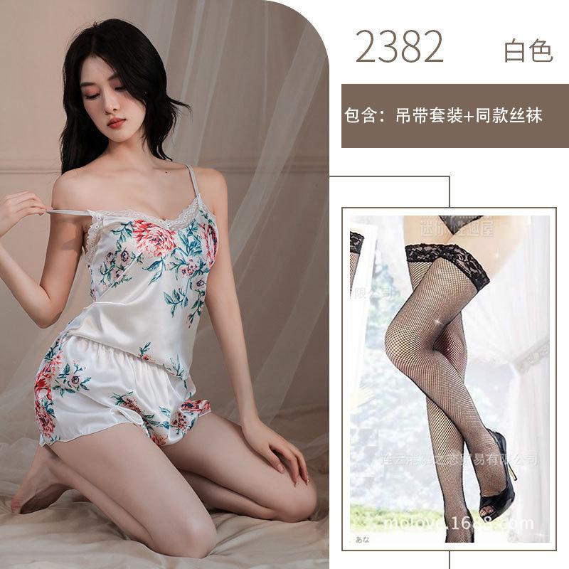 Sex Underwear Sexy Deep V Printed Suspender Lace Seduction Small Breast Shorts Set Pure Desire