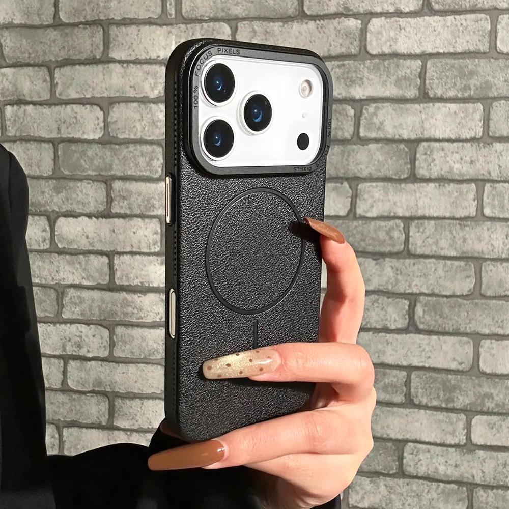 Fashion Frosted PC Leather Textured Magnetic Case For iPhone Air 17 16 15 14 13 12 Pro Max Plus For Magsafe Solid Color Cover