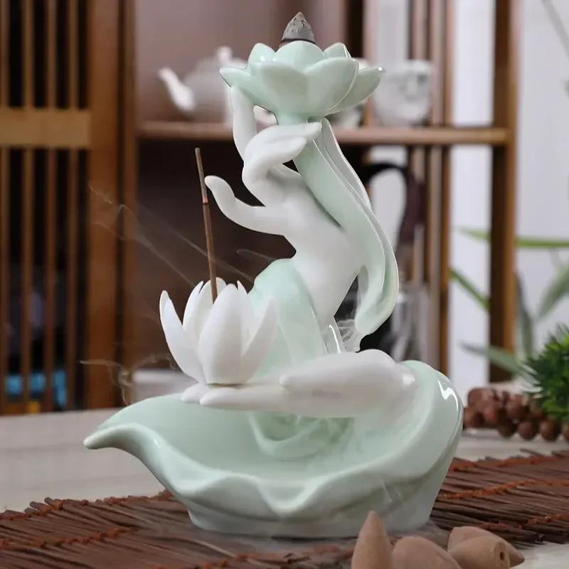 1pc,Celadon Ceramic Handicraft Zen Buddha Hand Backflow Incense Burner Lotus Tea House Decorate