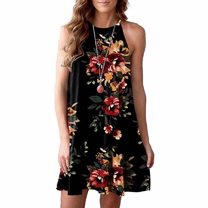 Elegant Women Fashion Splicing Color Print Hanging Neck Hem Mini Dress In Premium Quality Materials