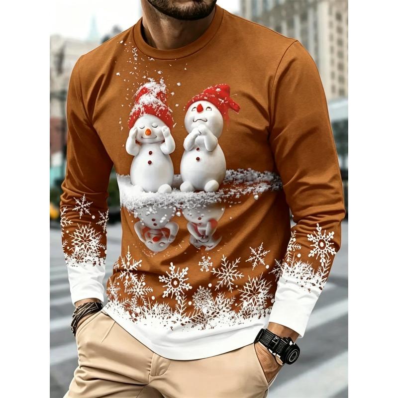 Men's Casual Long Sleeve T-Shirt Merry Christmas Snowman Print Tops Regular Fit O-Neck Vintage Snowflake Pullover