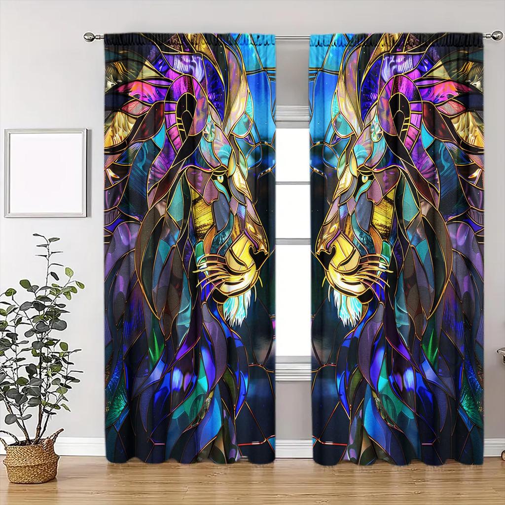 2-Panel Buntglas Löwe Halb Verdunkelnder Vorhang Halb Verdunkelnd Geeignet für Künstlerische Heimdekorationsvorhänge