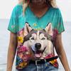 3D Dog Print T Shirt for Women V-Neck Short Sleeve Tee 2024 New Women's Top Harajuku Streetwear Pattern Ladies Clothing T-Shirt