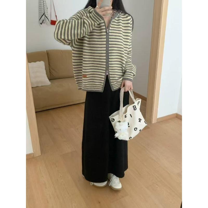 

Hooded striped knitted cardigan autumn and winter autumn and winter new retro loose lazy wind sweater jacket women average size