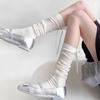 White Ballet-Style Mid-Calf Socks with Stripes and Bows for Women - Spring/Autumn Collection